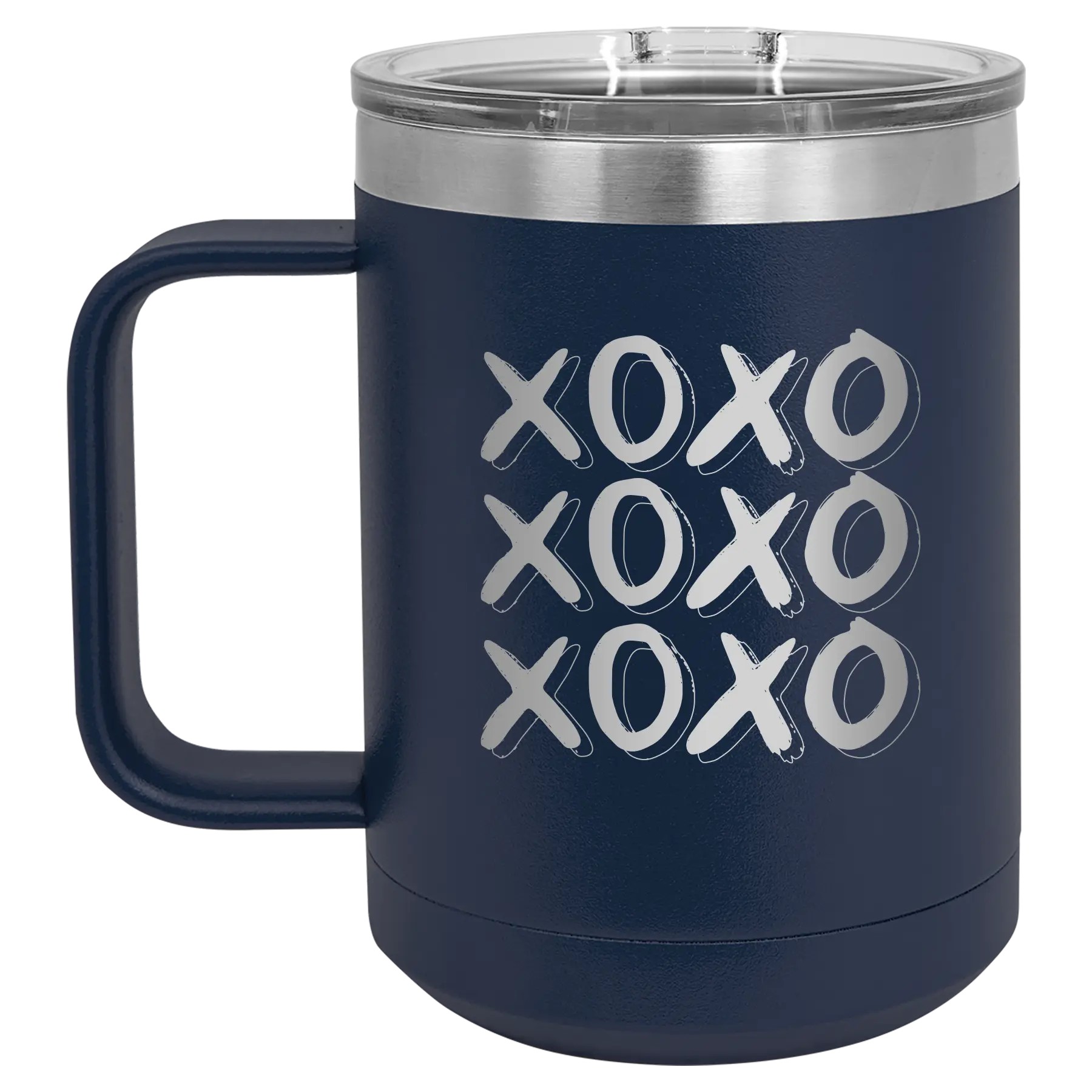 Laser etched navy 15 oz vacuum insulated coffee mug with 'XOXO x3' design
