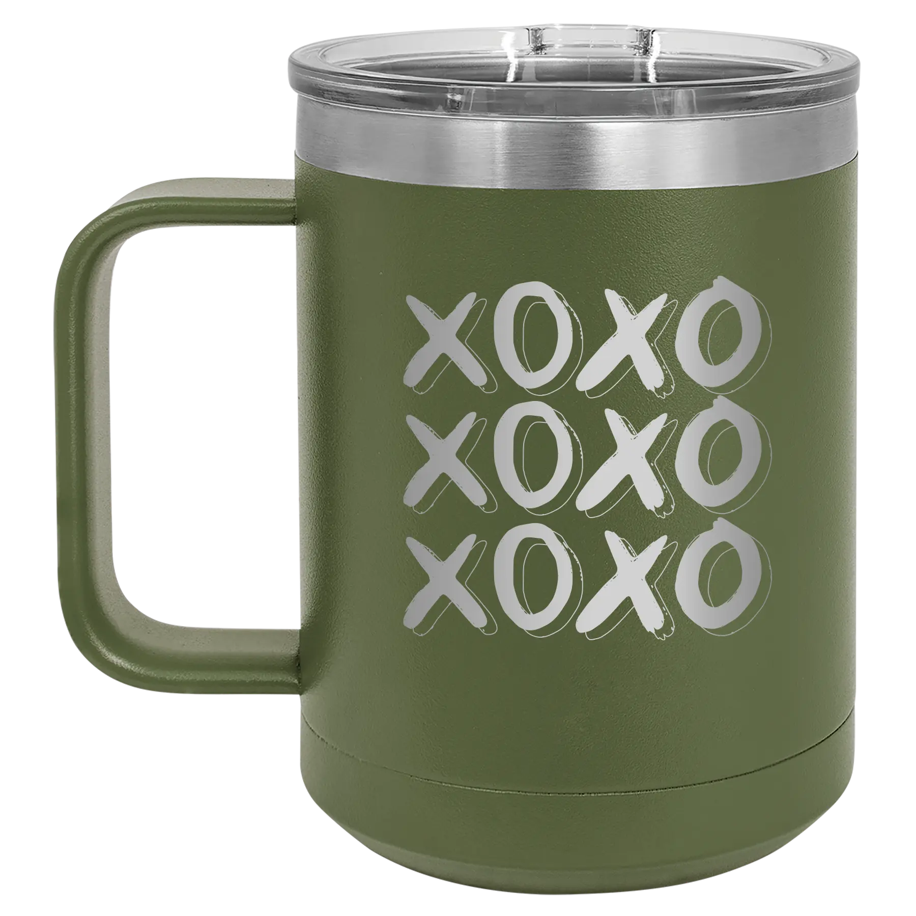 Laser etched olive green 15 oz vacuum insulated coffee mug with 'XOXO x3' design
