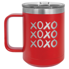 Laser etched red 15 oz vacuum insulated coffee mug with 'XOXO x3' design