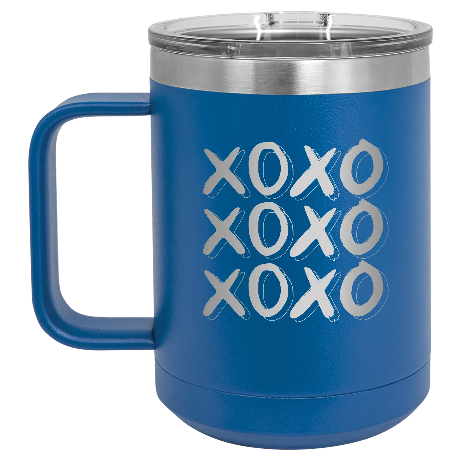 Laser etched royal blue 15 oz vacuum insulated coffee mug with 'XOXO x3' design