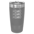Laser etched dark gray 20 oz vacuum insulated tumbler with 'XOXO x3' design