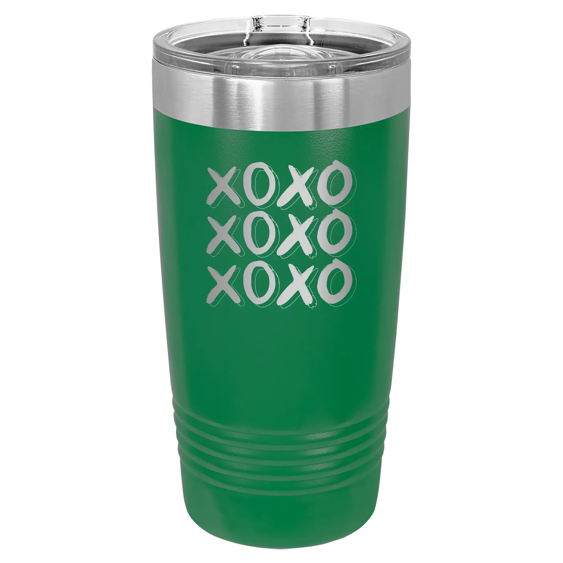 Laser etched green 20 oz vacuum insulated tumbler with 'XOXO x3' design