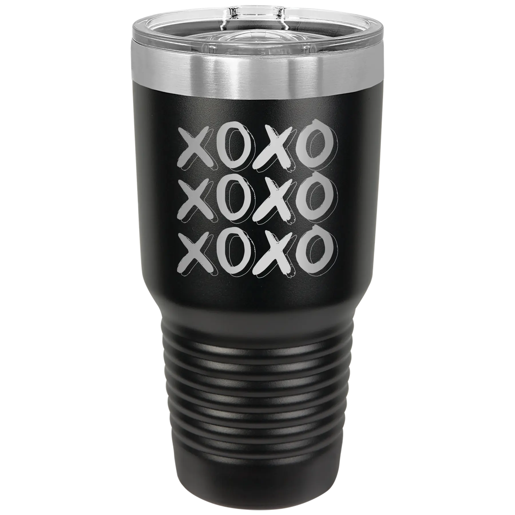 Laser etched black 30 oz vacuum insulated tumbler with 'XOXO x3' design