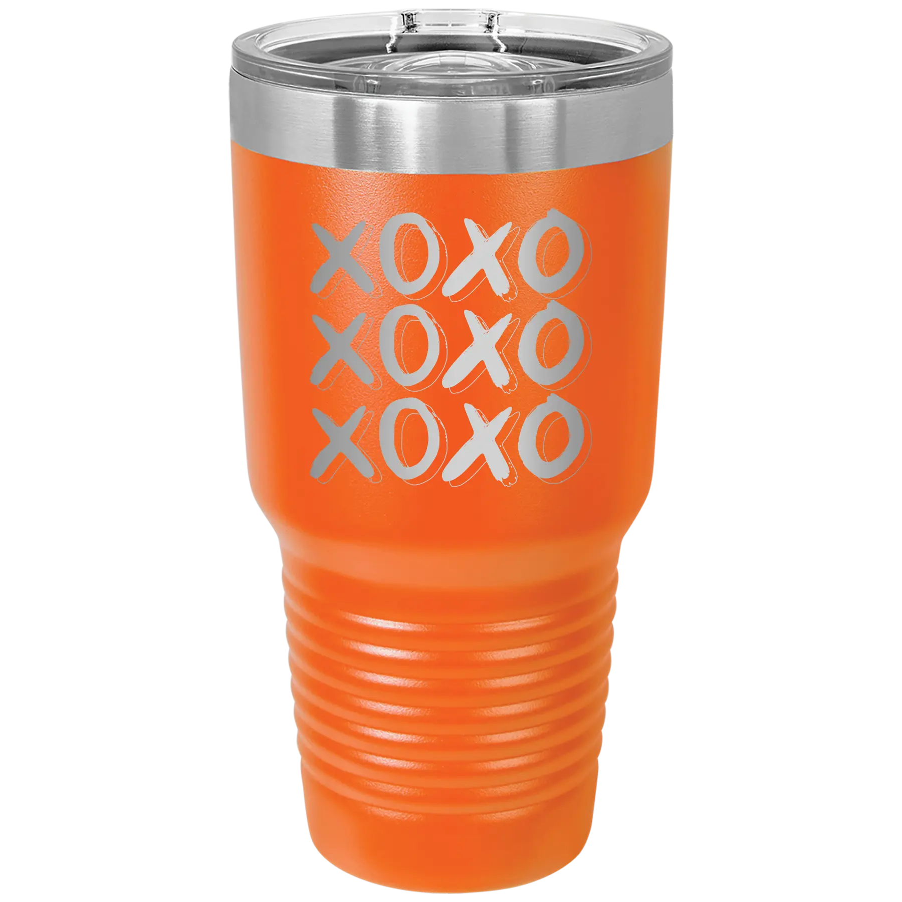 Laser etched orange 30 oz vacuum insulated tumbler with 'XOXO x3' design