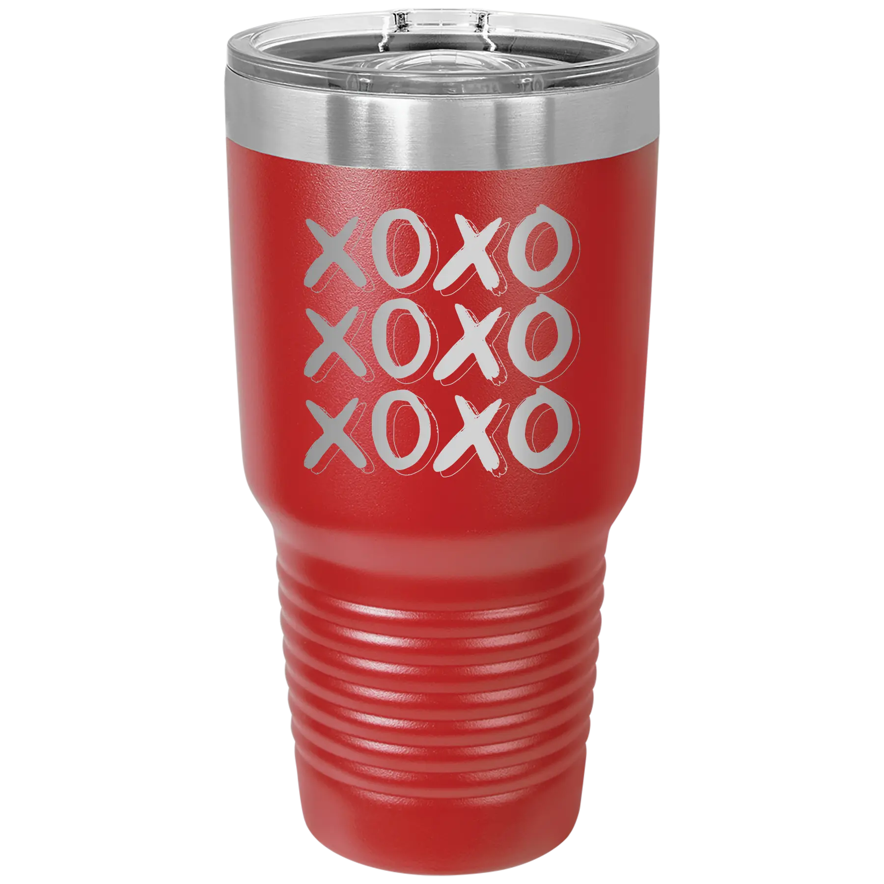 Laser etched red 30 oz vacuum insulated tumbler with 'XOXO x3' design
