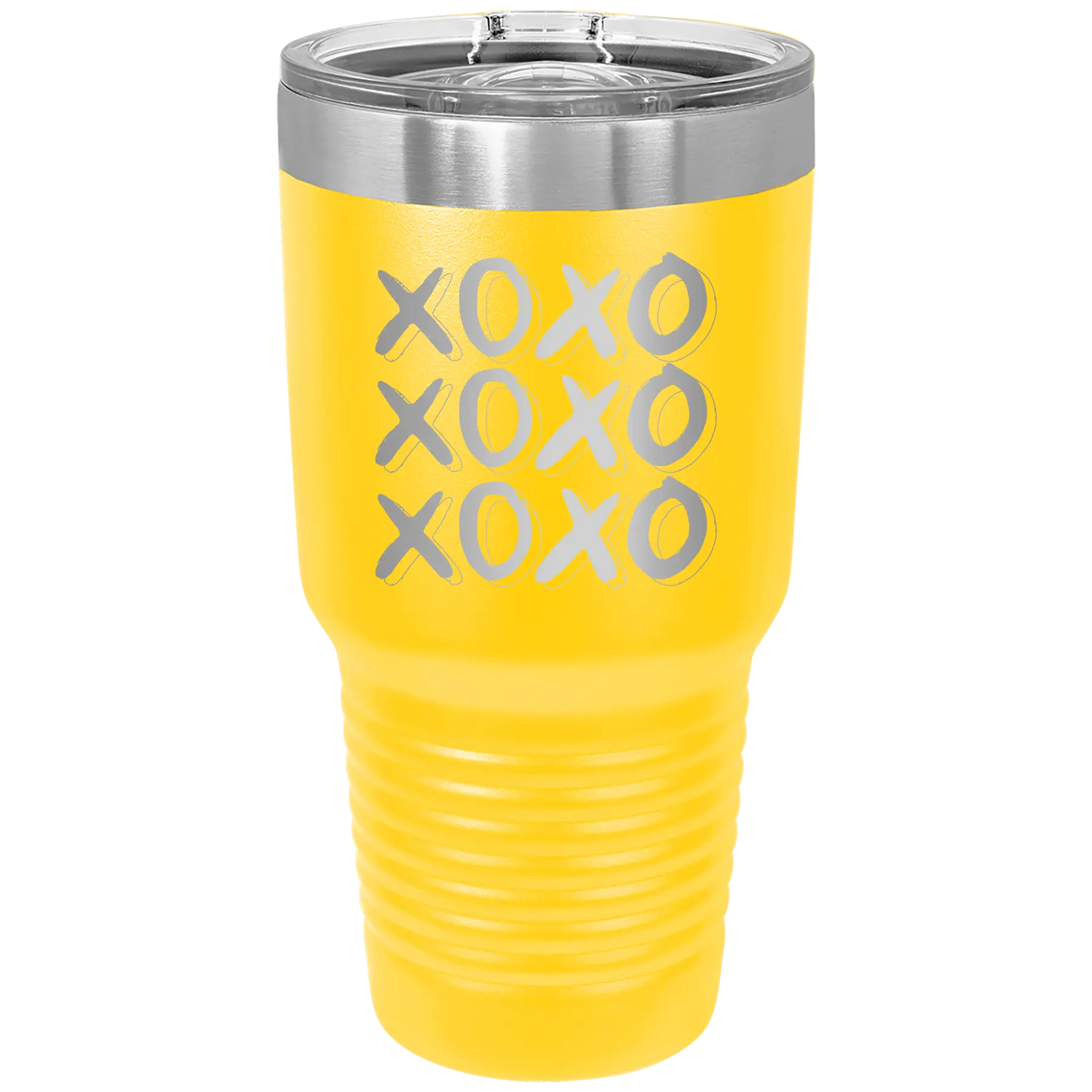 Laser etched yellow 30 oz vacuum insulated tumbler with 'XOXO x3' design