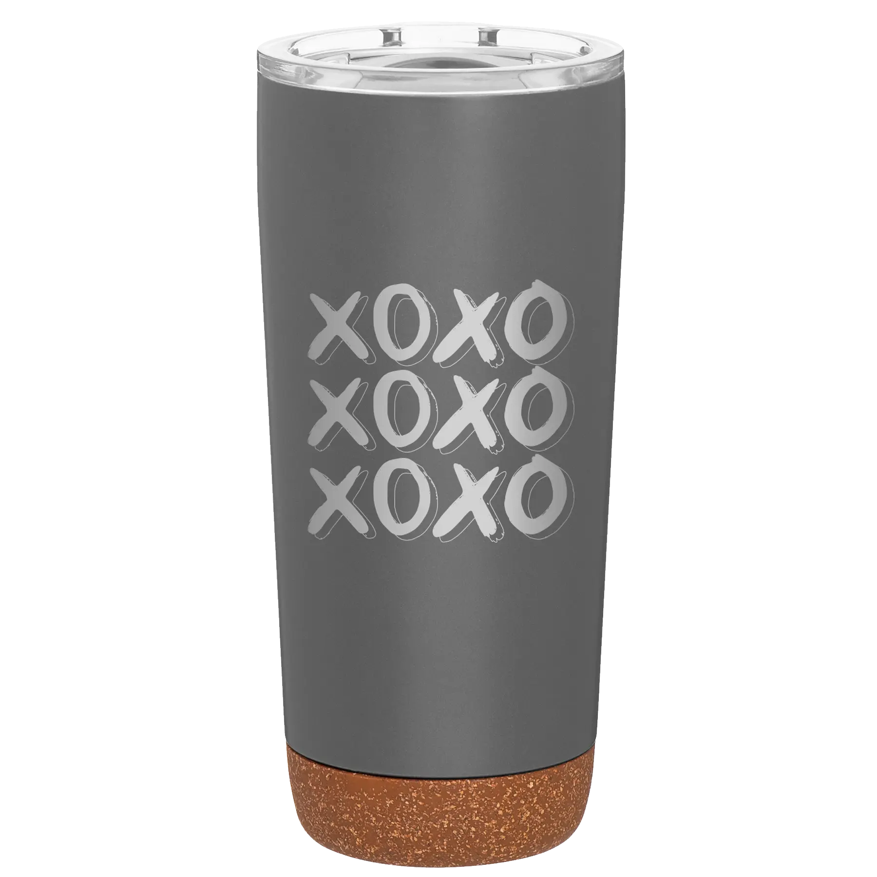 Laser etched storm gray 20 oz vacuum insulated tumbler with 'XOXO x3' design