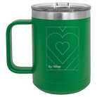 Laser etched green 15 oz vacuum insulated coffee mug with 'Be Mine Card' design