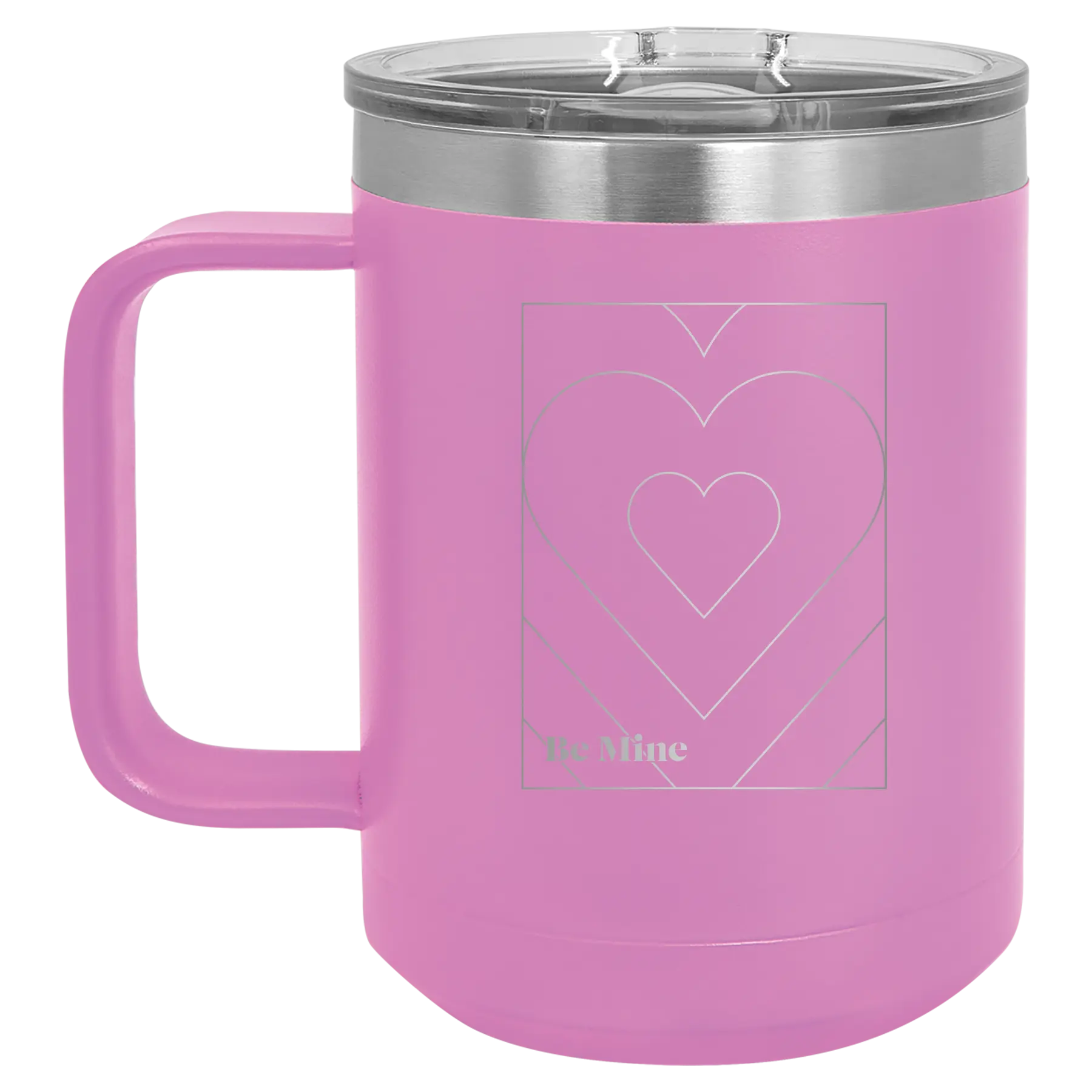 Laser etched light purple 15 oz vacuum insulated coffee mug with 'Be Mine Card' design
