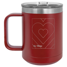 Laser etched maroon 15 oz vacuum insulated coffee mug with 'Be Mine Card' design