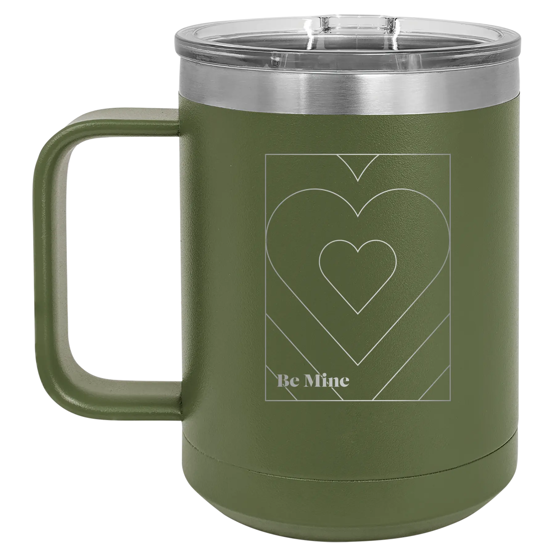 Laser etched olive green 15 oz vacuum insulated coffee mug with 'Be Mine Card' design