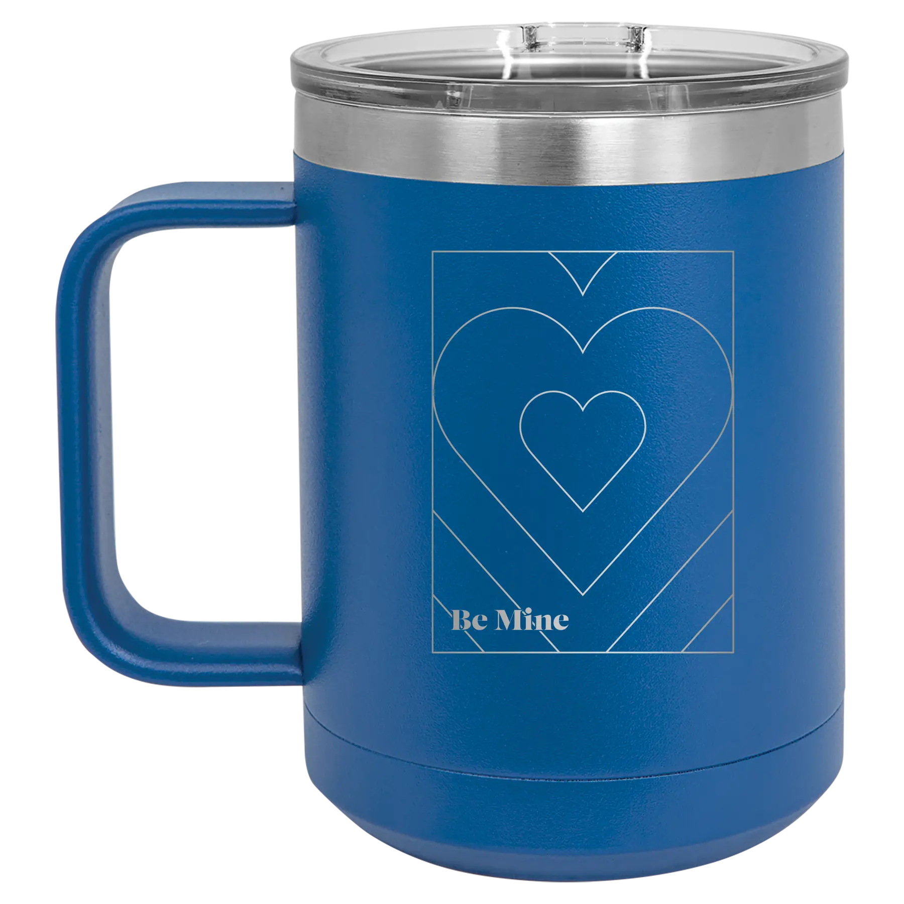 Laser etched royal blue 15 oz vacuum insulated coffee mug with 'Be Mine Card' design