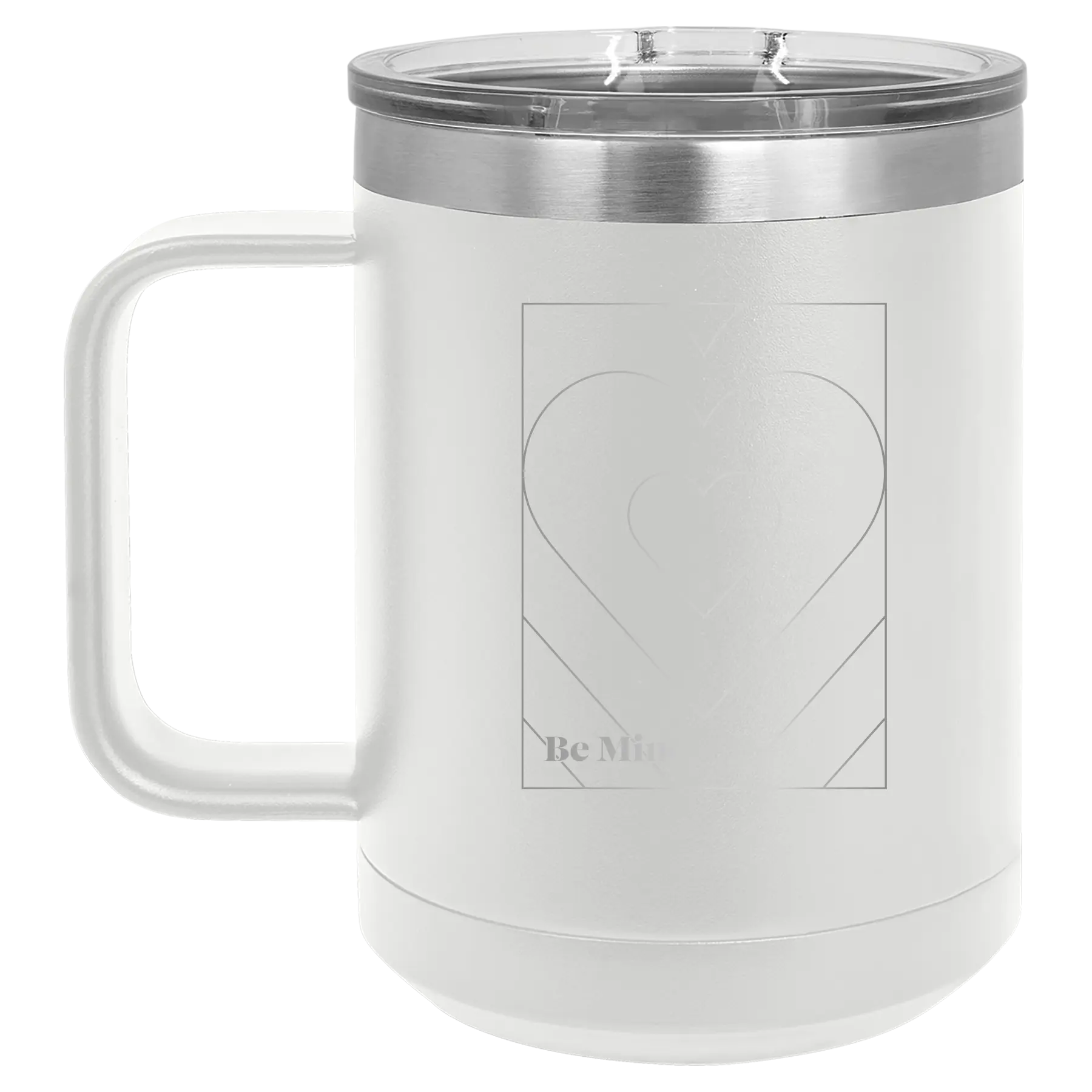 Laser etched white 15 oz vacuum insulated coffee mug with 'Be Mine Card' design