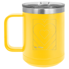 Laser etched yellow 15 oz vacuum insulated coffee mug with 'Be Mine Card' design