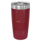 Laser etched maroon 20 oz vacuum insulated tumbler with 'Be Mine Card' design
