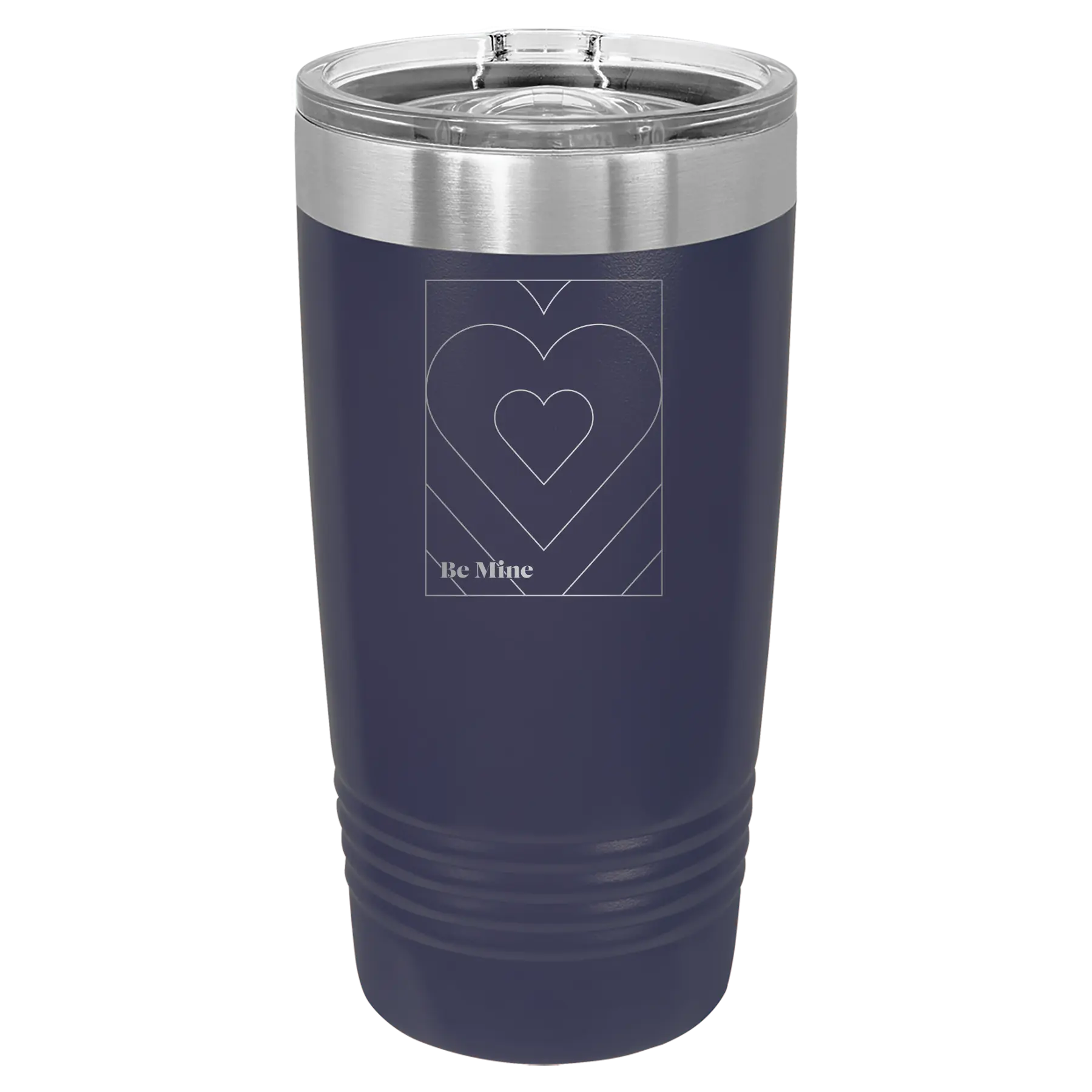 Laser etched navy 20 oz vacuum insulated tumbler with 'Be Mine Card' design