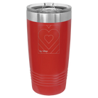 Laser etched red 20 oz vacuum insulated tumbler with 'Be Mine Card' design