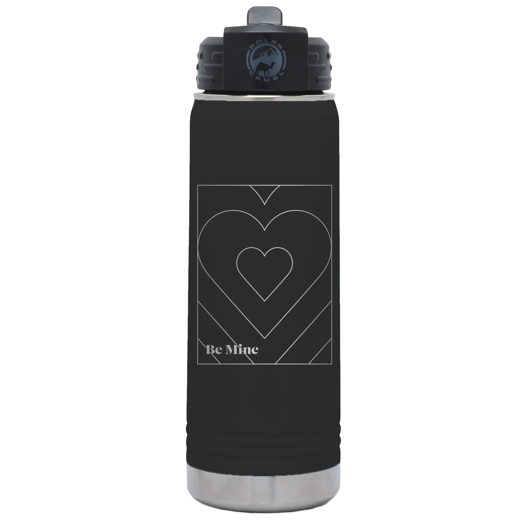 Laser etched black 20 oz vacuum insulated water bottle with 'Be Mine Card' design