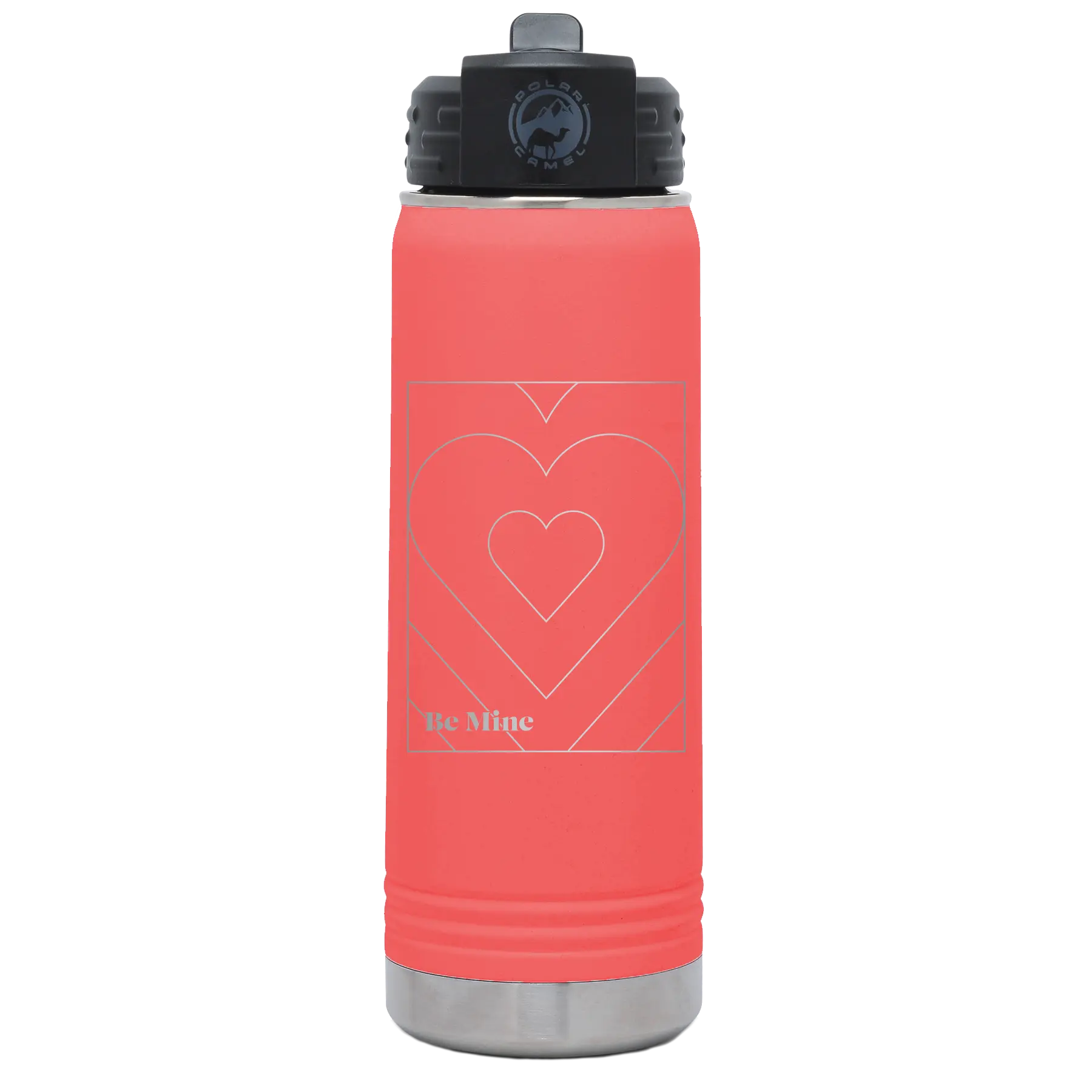 Laser etched coral 20 oz vacuum insulated water bottle with 'Be Mine Card' design