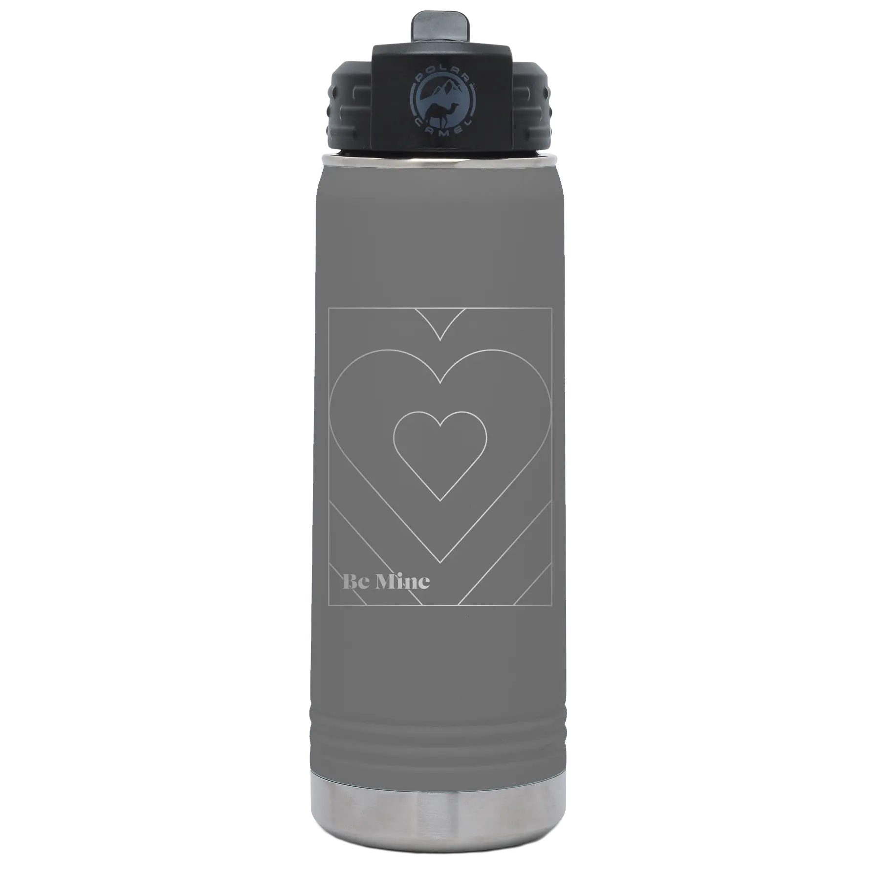 Laser etched dark gray 20 oz vacuum insulated water bottle with 'Be Mine Card' design