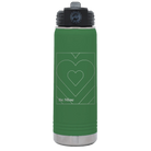 Laser etched green 20 oz vacuum insulated water bottle with 'Be Mine Card' design