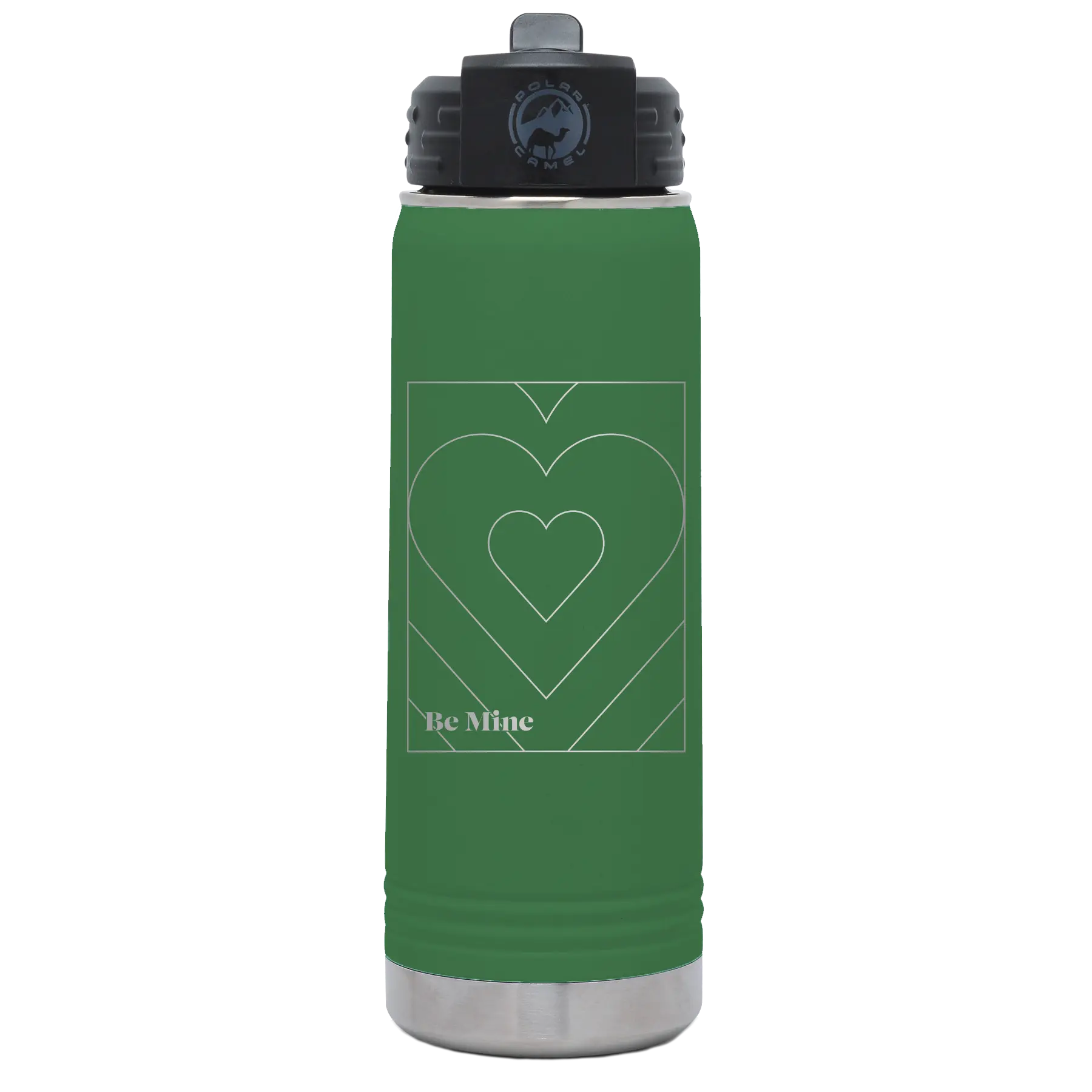 Laser etched green 20 oz vacuum insulated water bottle with 'Be Mine Card' design