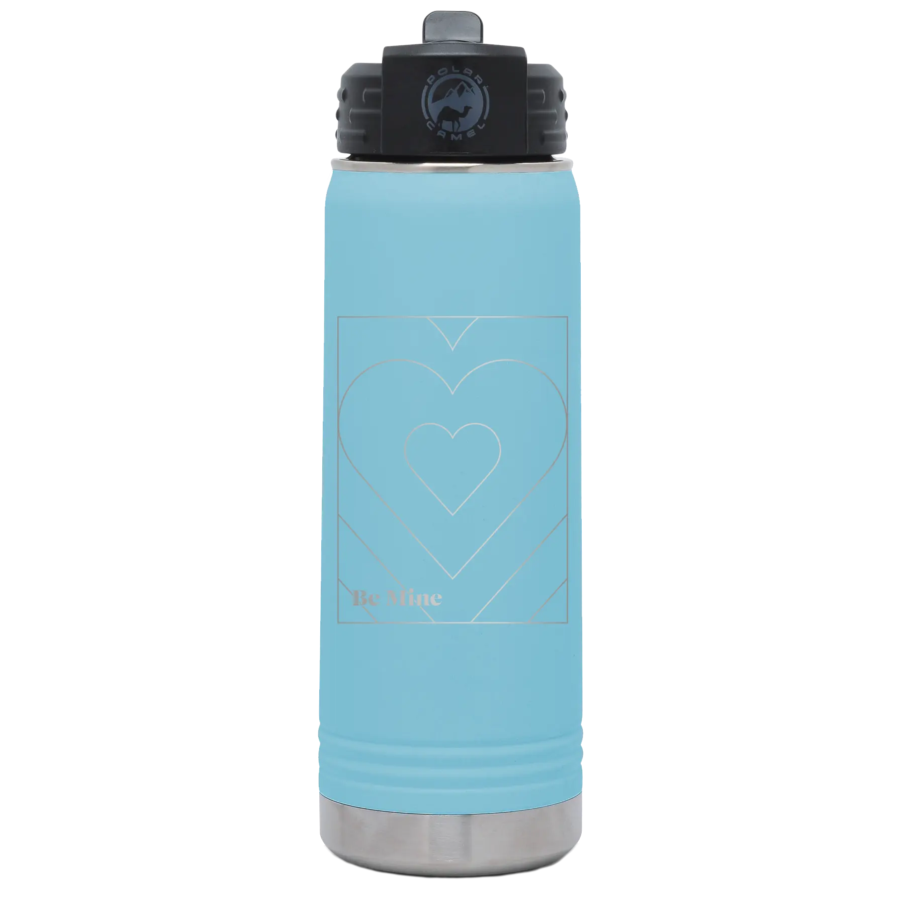 Laser etched light blue 20 oz vacuum insulated water bottle with 'Be Mine Card' design
