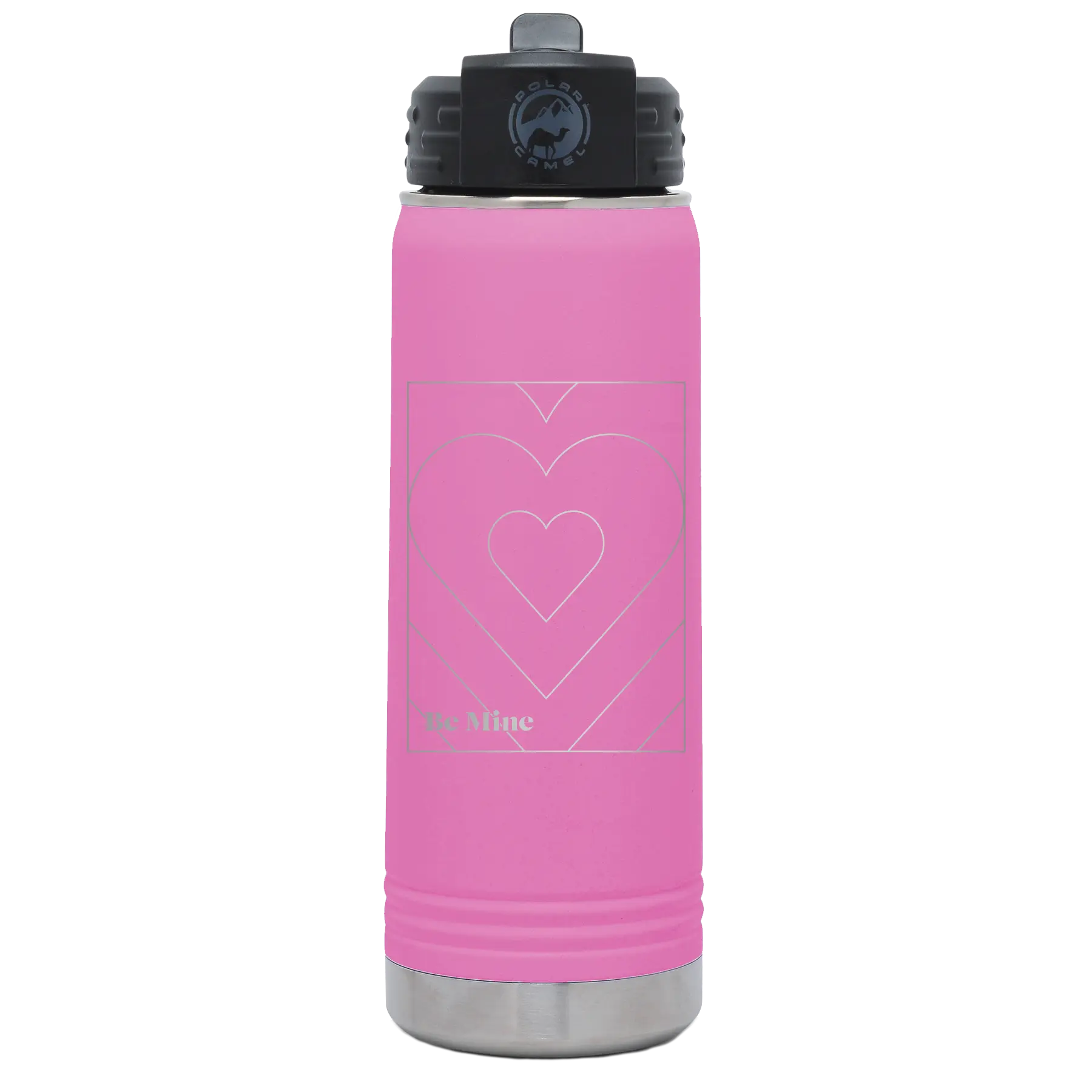 Laser etched light purple 20 oz vacuum insulated water bottle with 'Be Mine Card' design