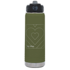 Laser etched olive green 20 oz vacuum insulated water bottle with 'Be Mine Card' design