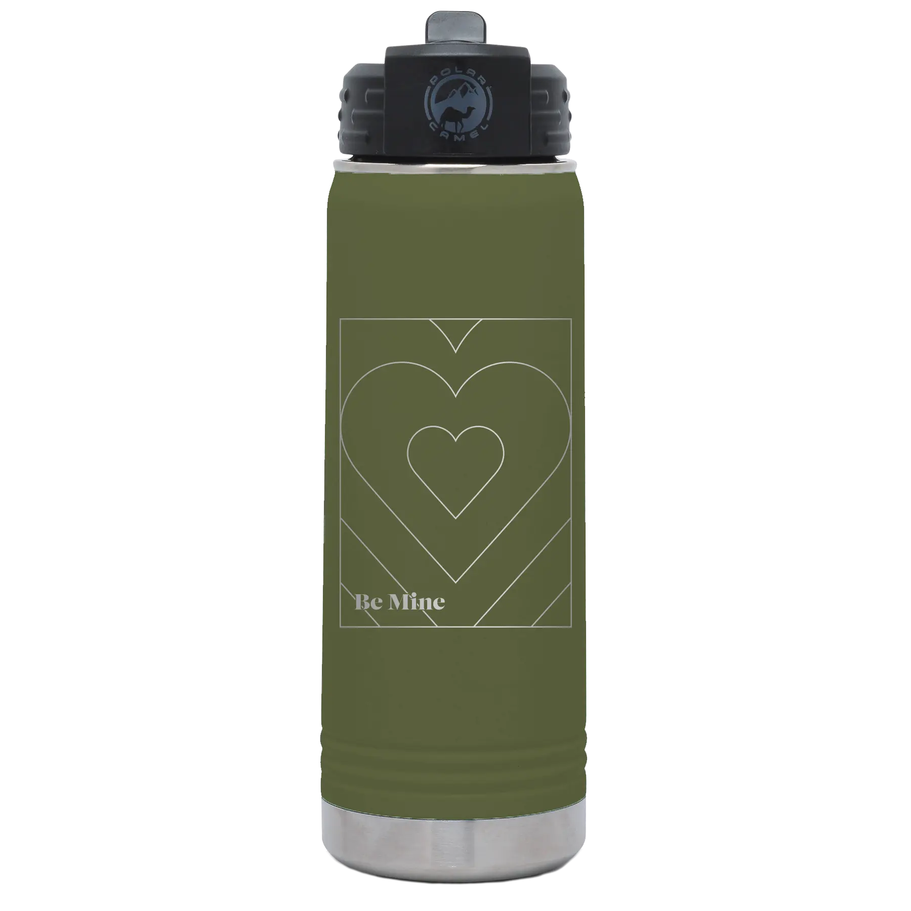 Laser etched olive green 20 oz vacuum insulated water bottle with 'Be Mine Card' design