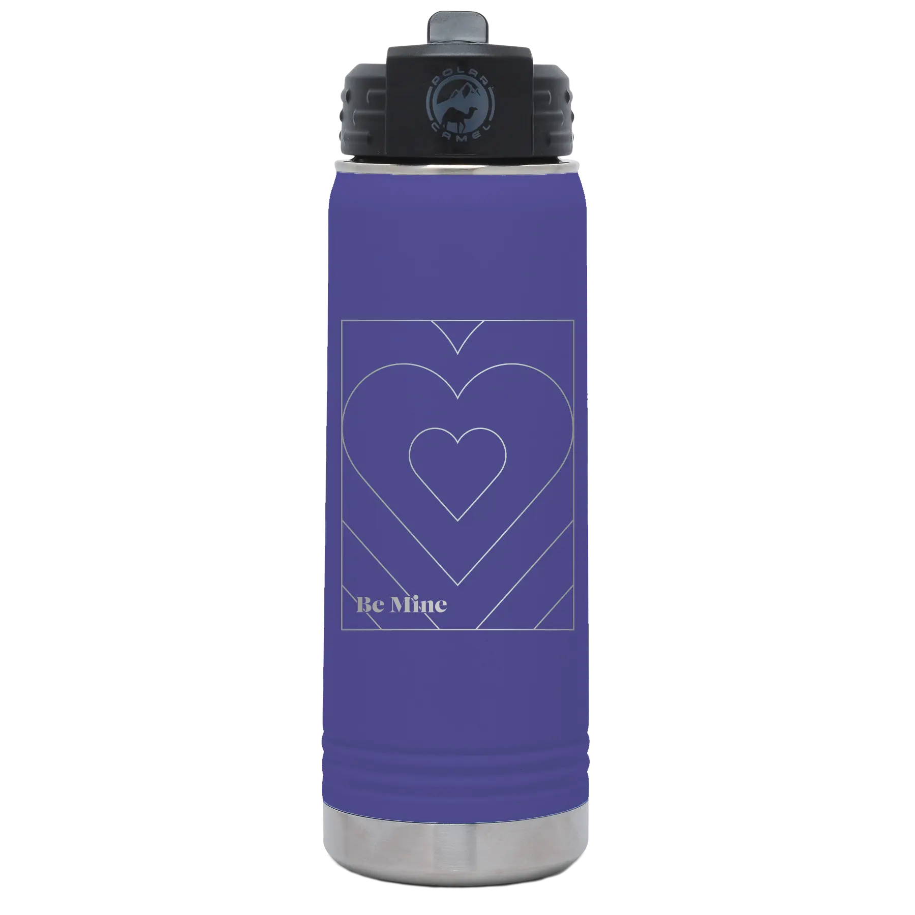 Laser etched purple 20 oz vacuum insulated water bottle with 'Be Mine Card' design