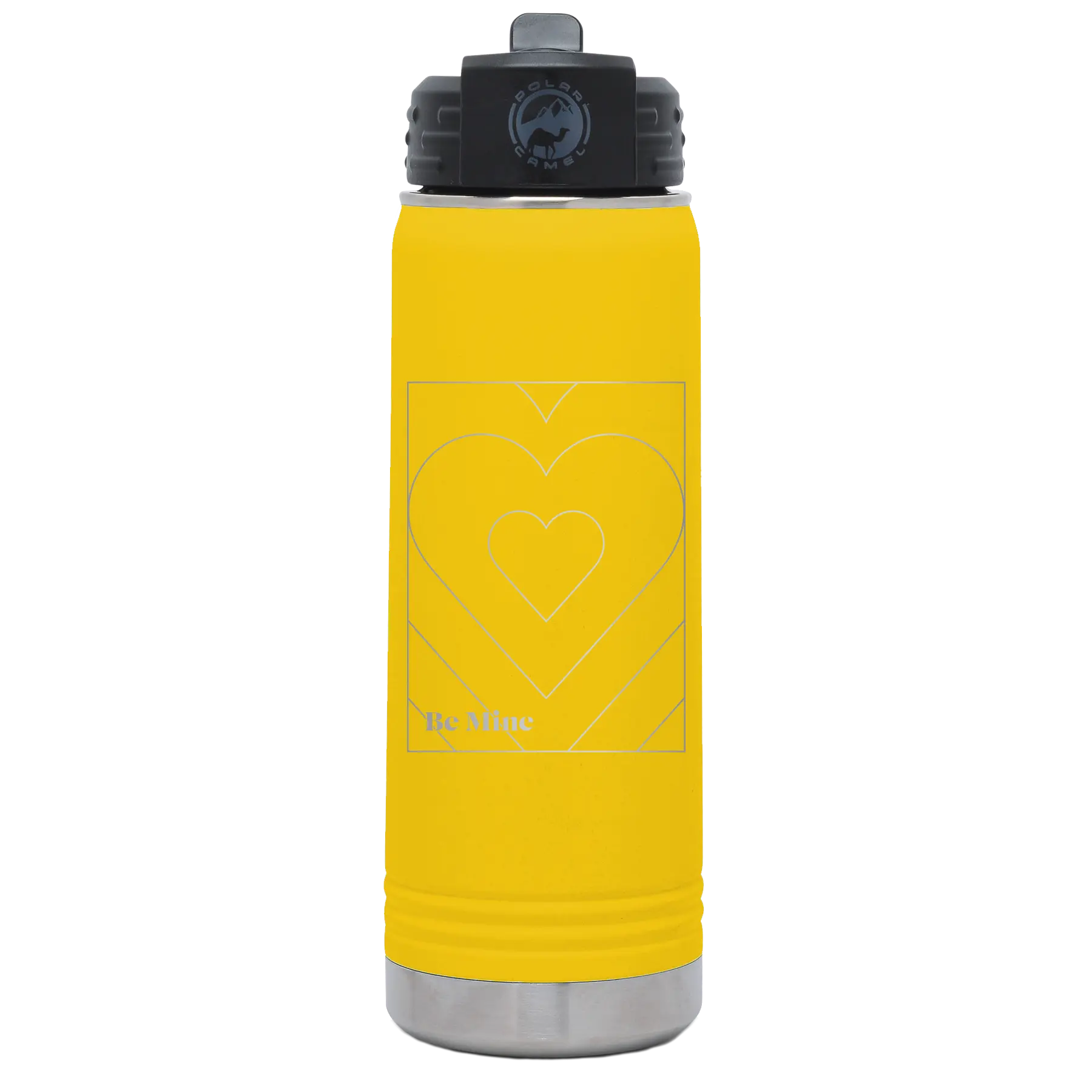 Laser etched yellow 20 oz vacuum insulated water bottle with 'Be Mine Card' design