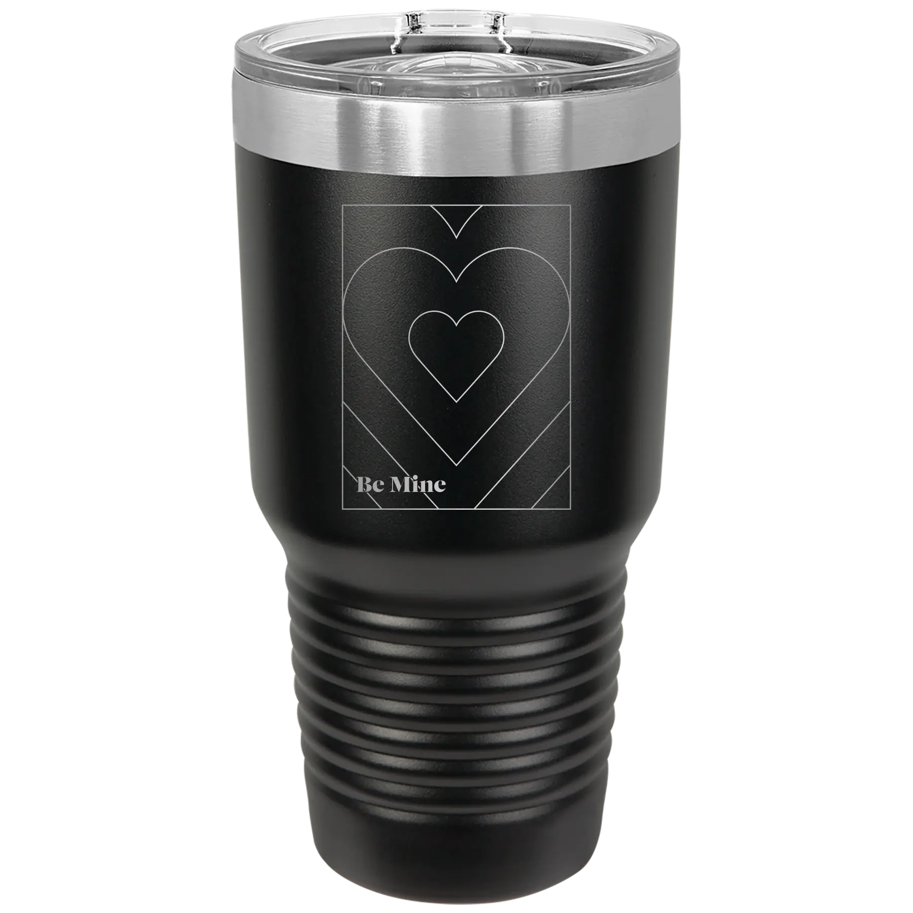 Laser etched black 30 oz vacuum insulated tumbler with 'Be Mine Card' design