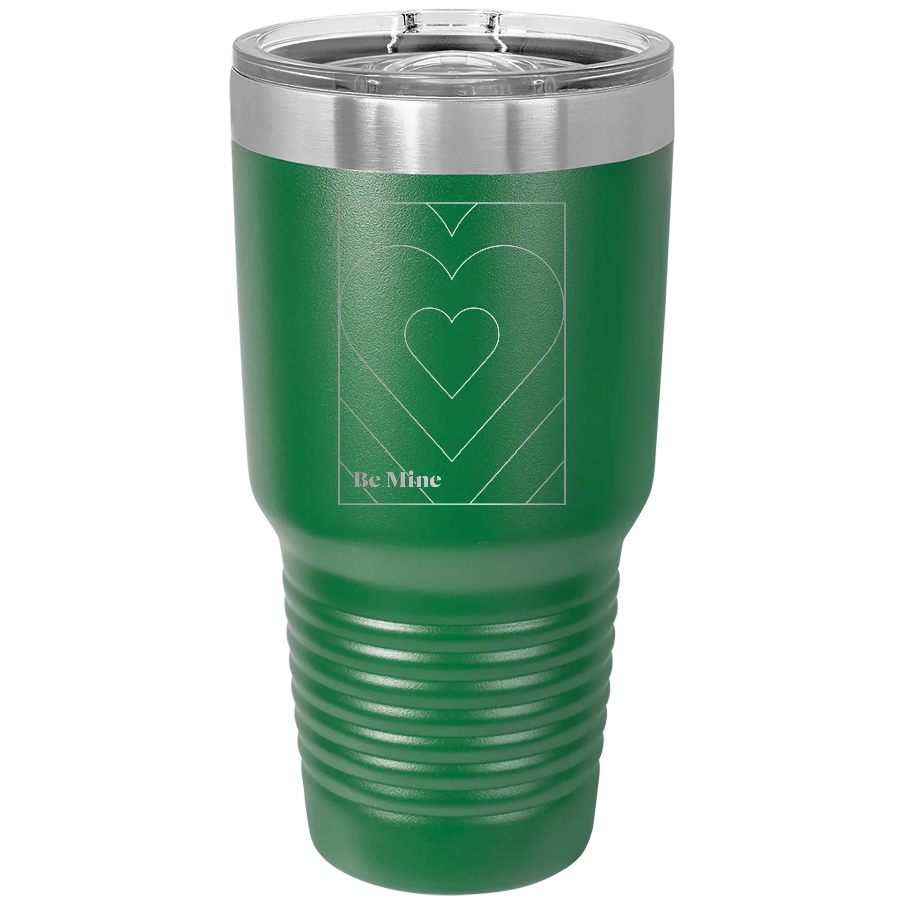 Laser etched green 30 oz vacuum insulated tumbler with 'Be Mine Card' design
