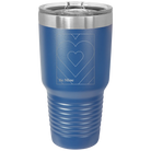 Laser etched royal blue 30 oz vacuum insulated tumbler with 'Be Mine Card' design
