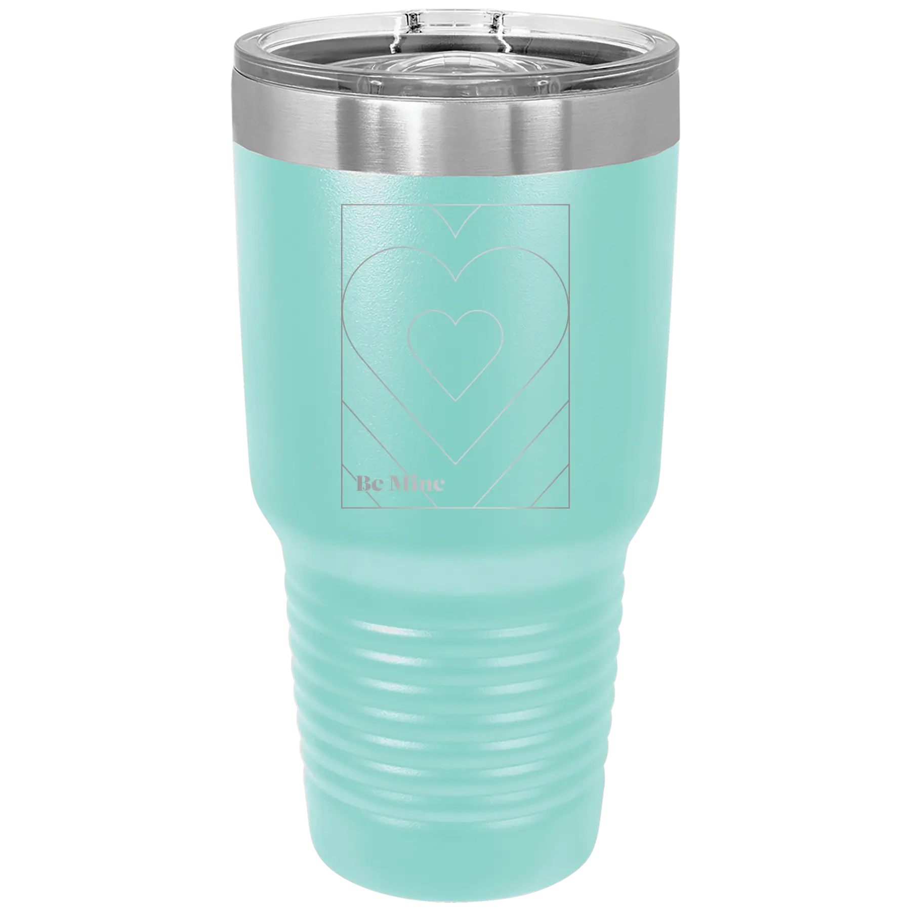 Laser etched teal 30 oz vacuum insulated tumbler with 'Be Mine Card' design