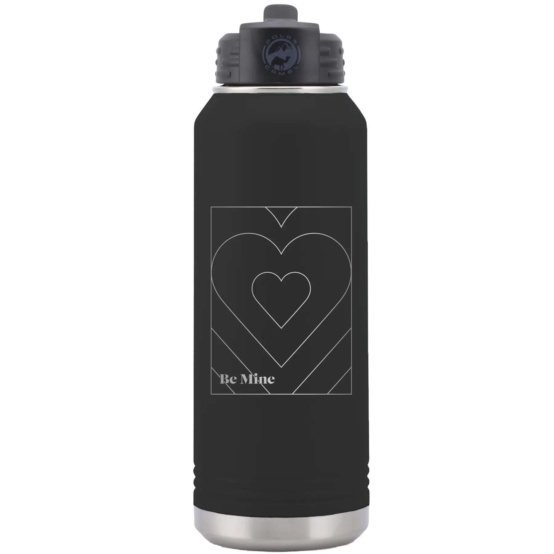 Laser etched black 32 oz vacuum insulated water bottle with 'Be Mine Card' design