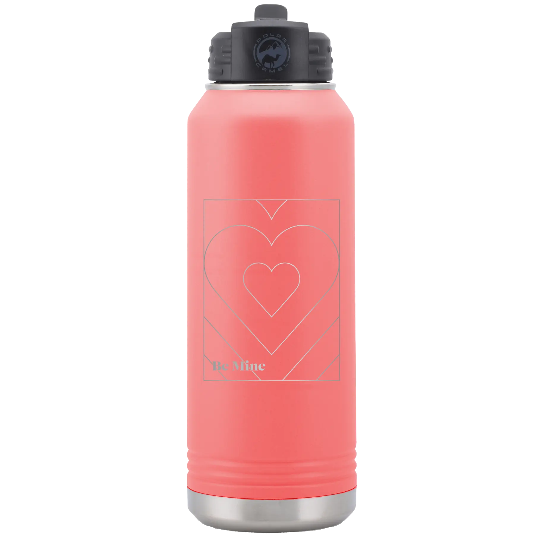 Laser etched coral 32 oz vacuum insulated water bottle with 'Be Mine Card' design