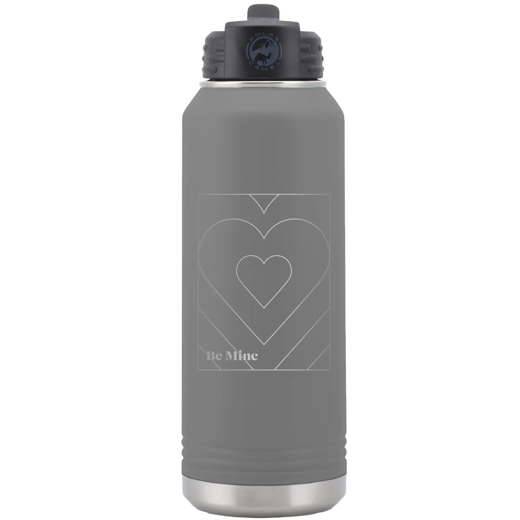 Laser etched dark gray 32 oz vacuum insulated water bottle with 'Be Mine Card' design