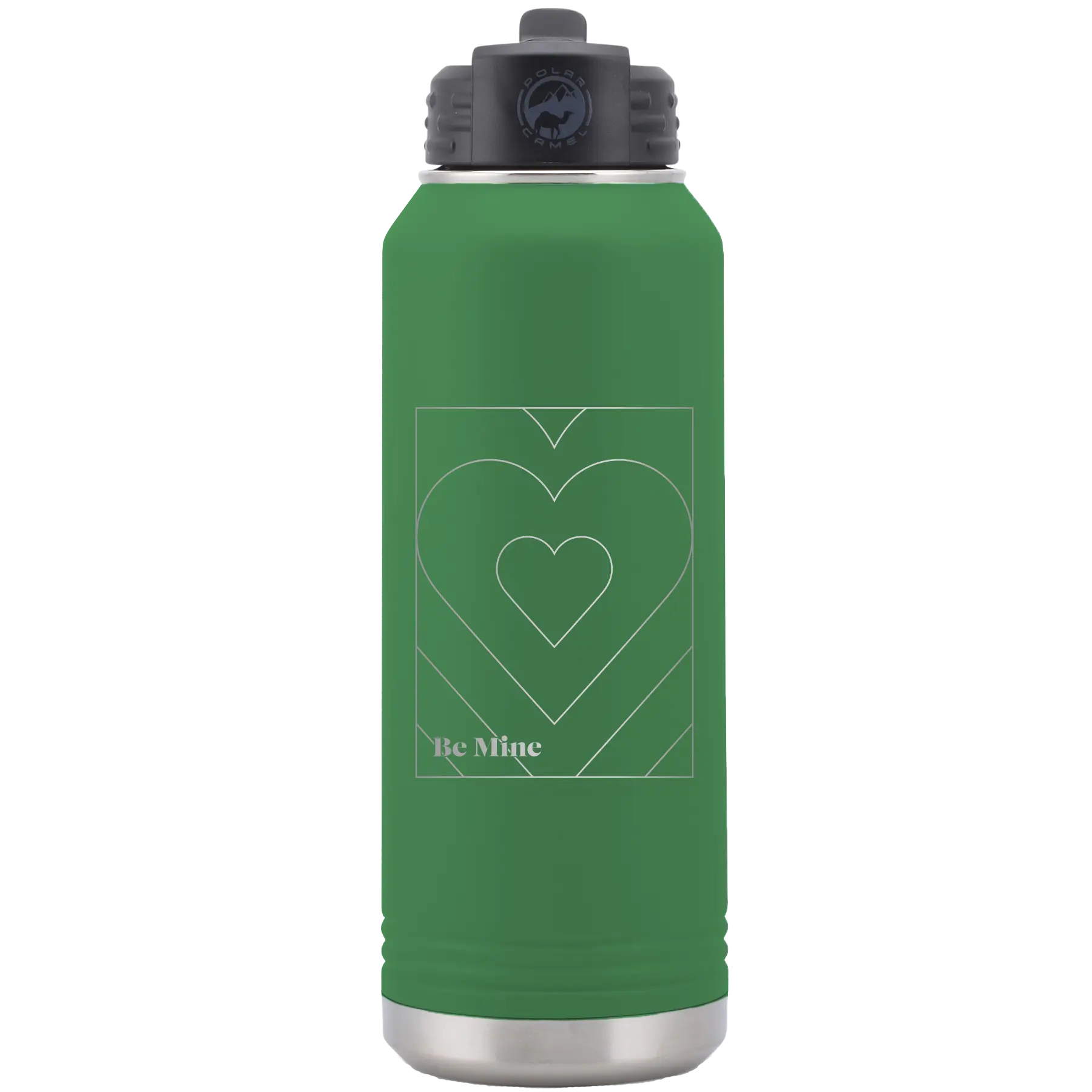 Laser etched green 32 oz vacuum insulated water bottle with 'Be Mine Card' design
