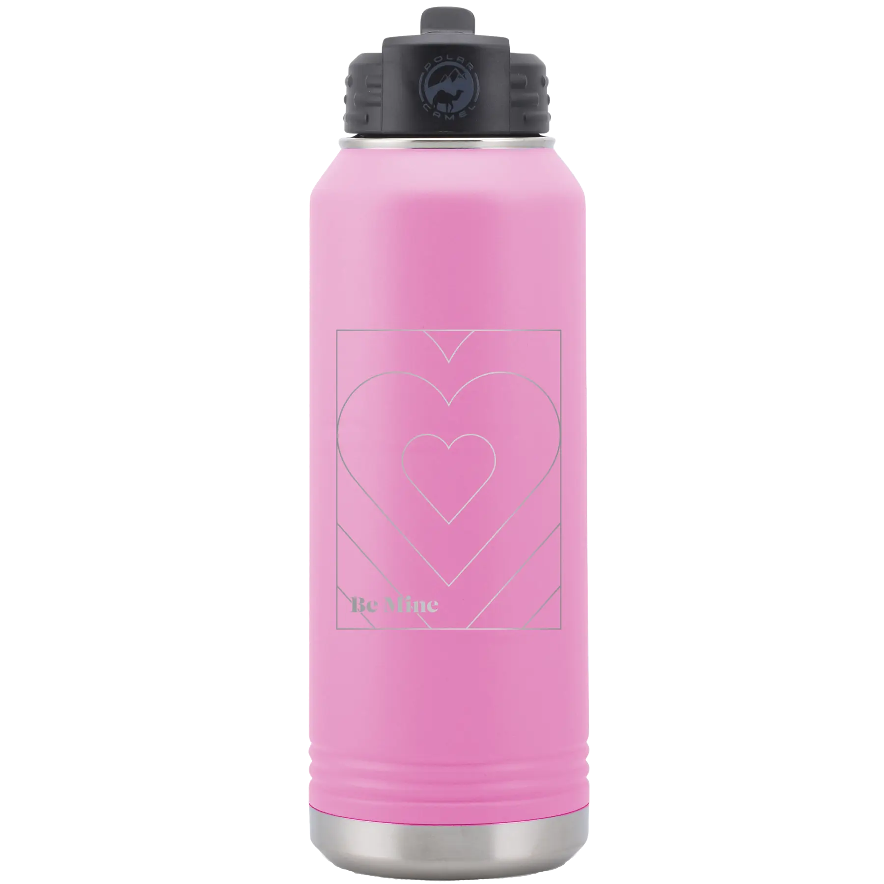 Laser etched light purple 32 oz vacuum insulated water bottle with 'Be Mine Card' design