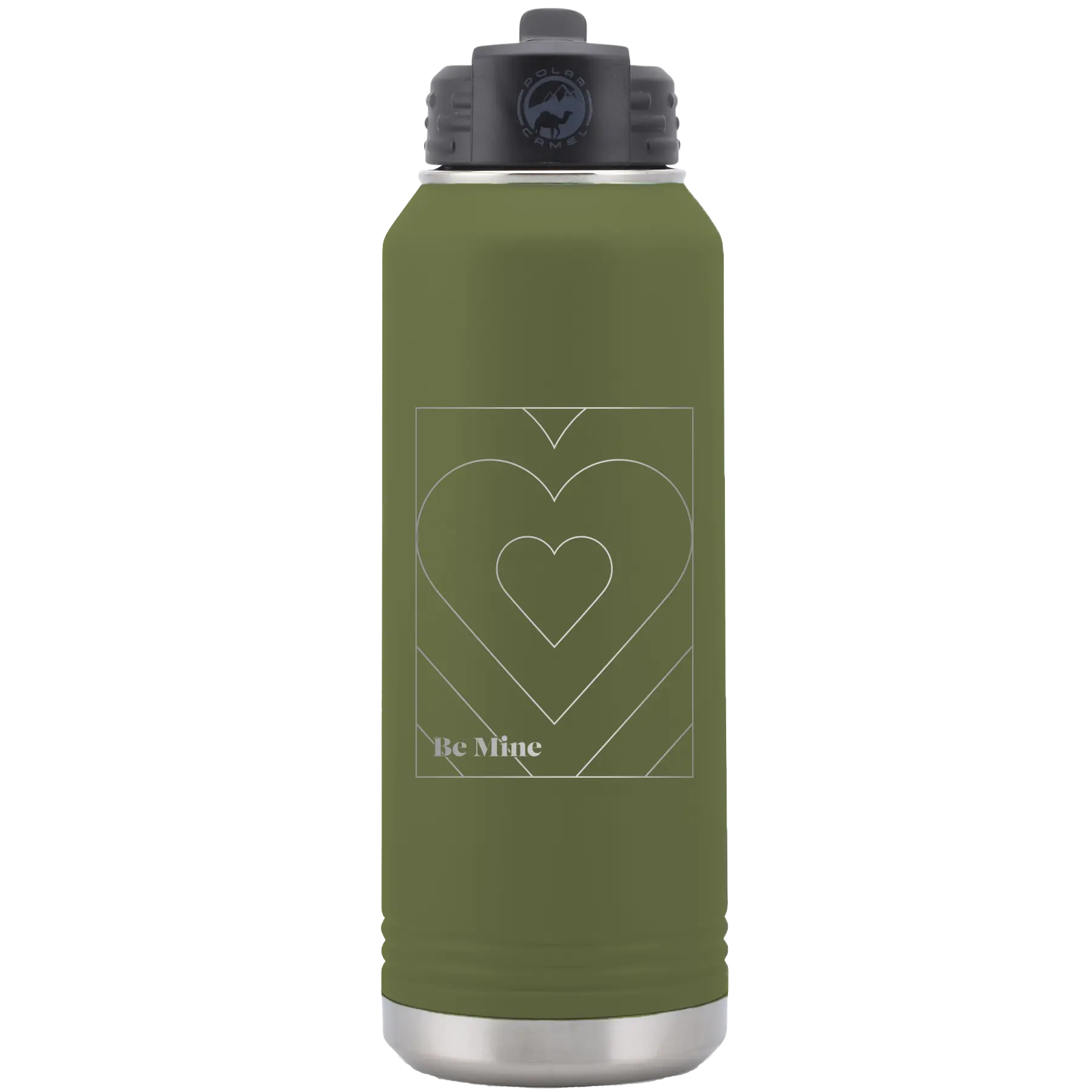 Laser etched olive green 32 oz vacuum insulated water bottle with 'Be Mine Card' design