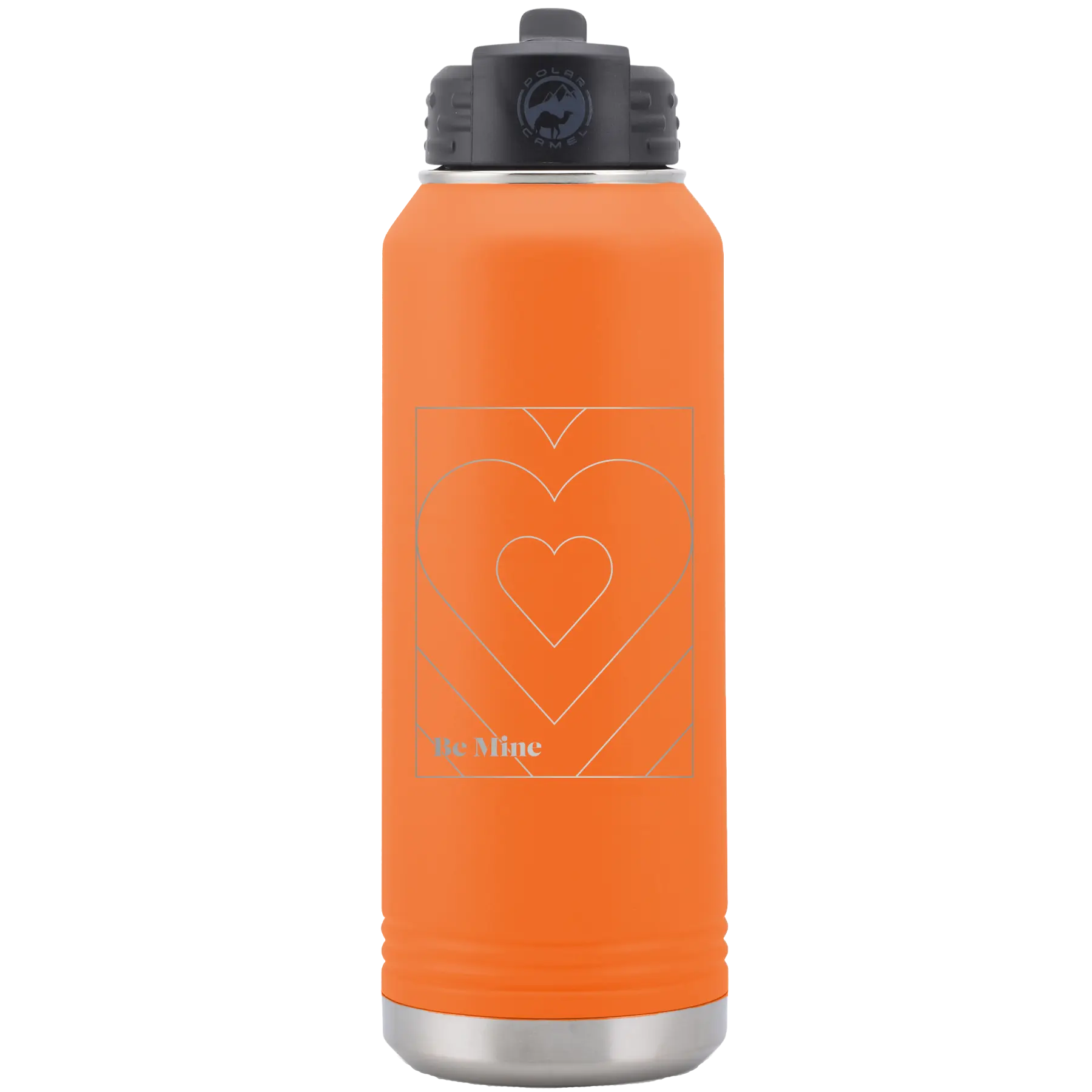 Laser etched orange 32 oz vacuum insulated water bottle with 'Be Mine Card' design