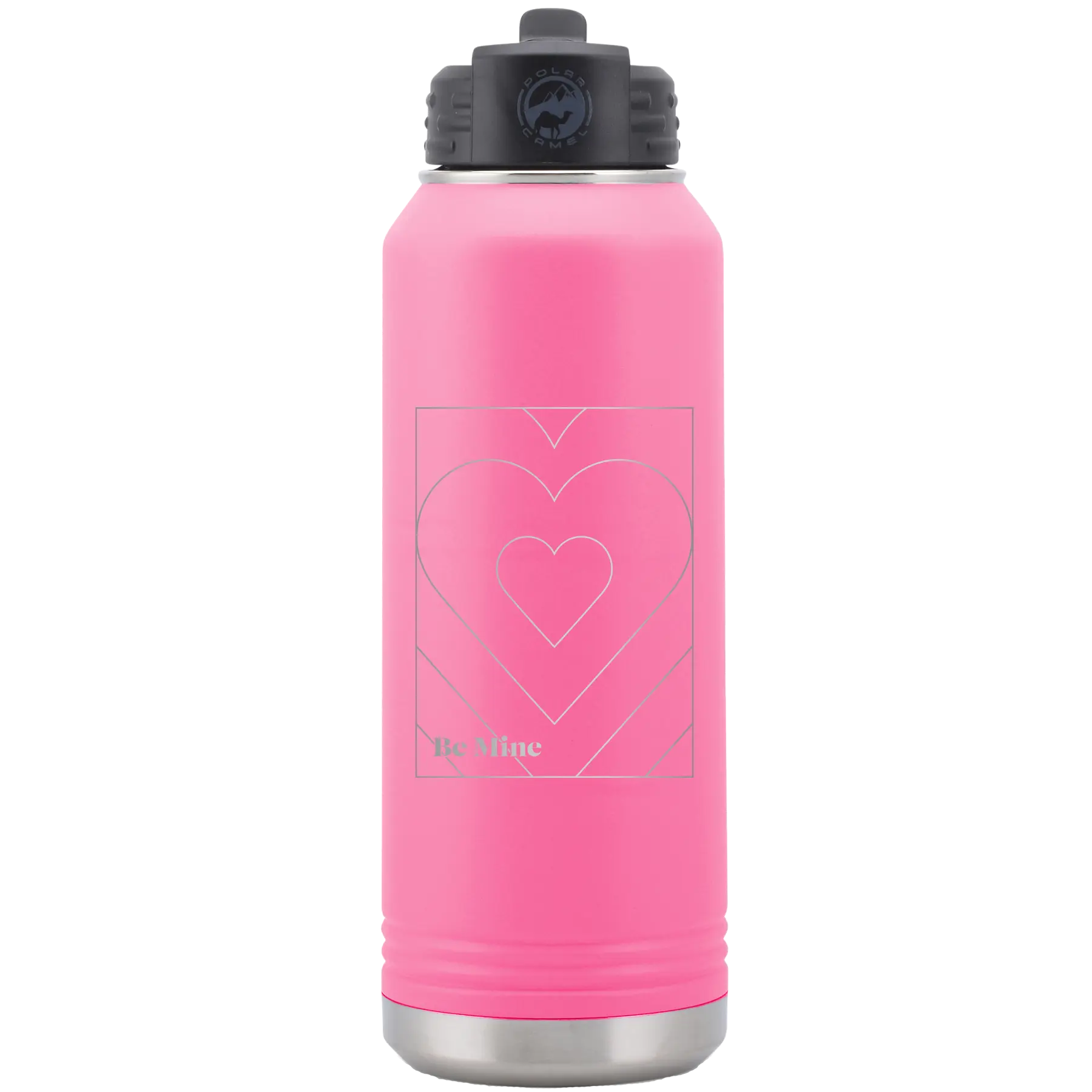 Laser etched pink 32 oz vacuum insulated water bottle with 'Be Mine Card' design