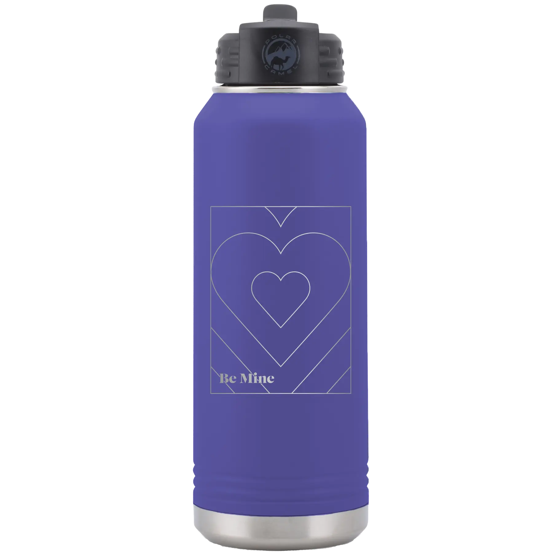 Laser etched purple 32 oz vacuum insulated water bottle with 'Be Mine Card' design