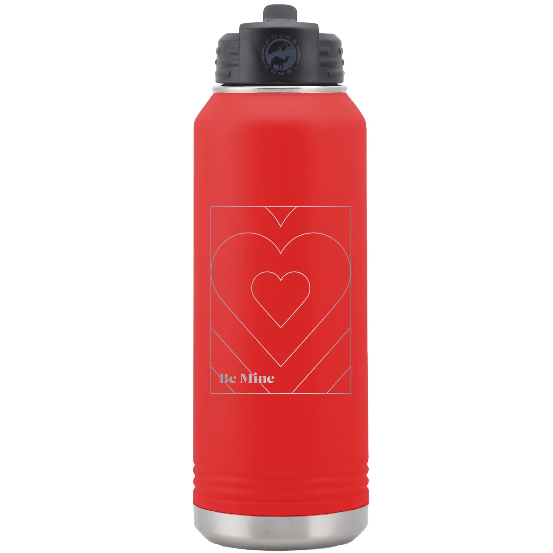 Laser etched red 32 oz vacuum insulated water bottle with 'Be Mine Card' design