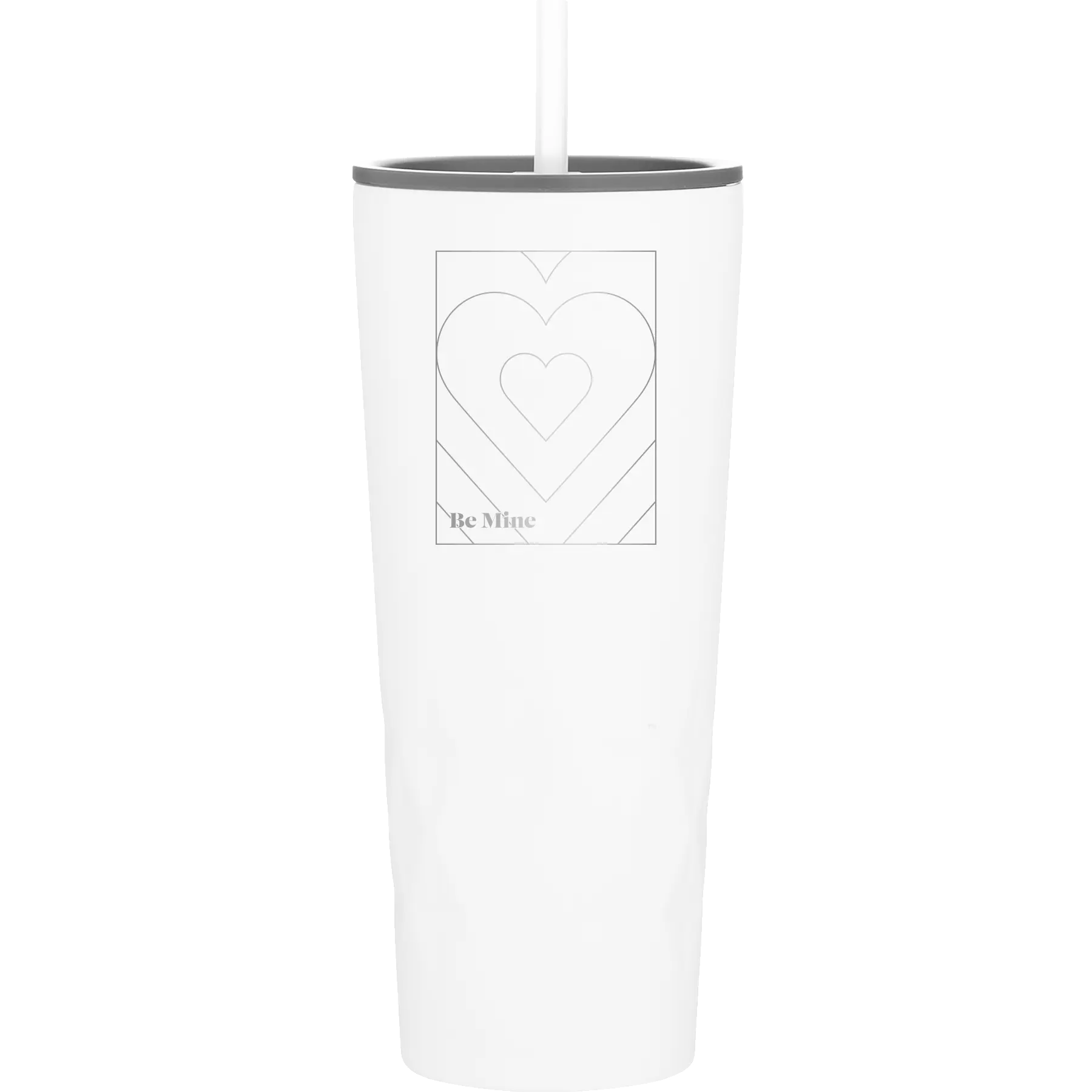 Laser etched white 20 oz vacuum insulated tumbler with 'Be Mine Card' design