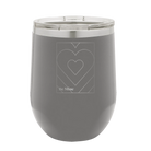 Laser etched dark gray 12 oz vacuum insulated wine cup with 'Be Mine Card' design