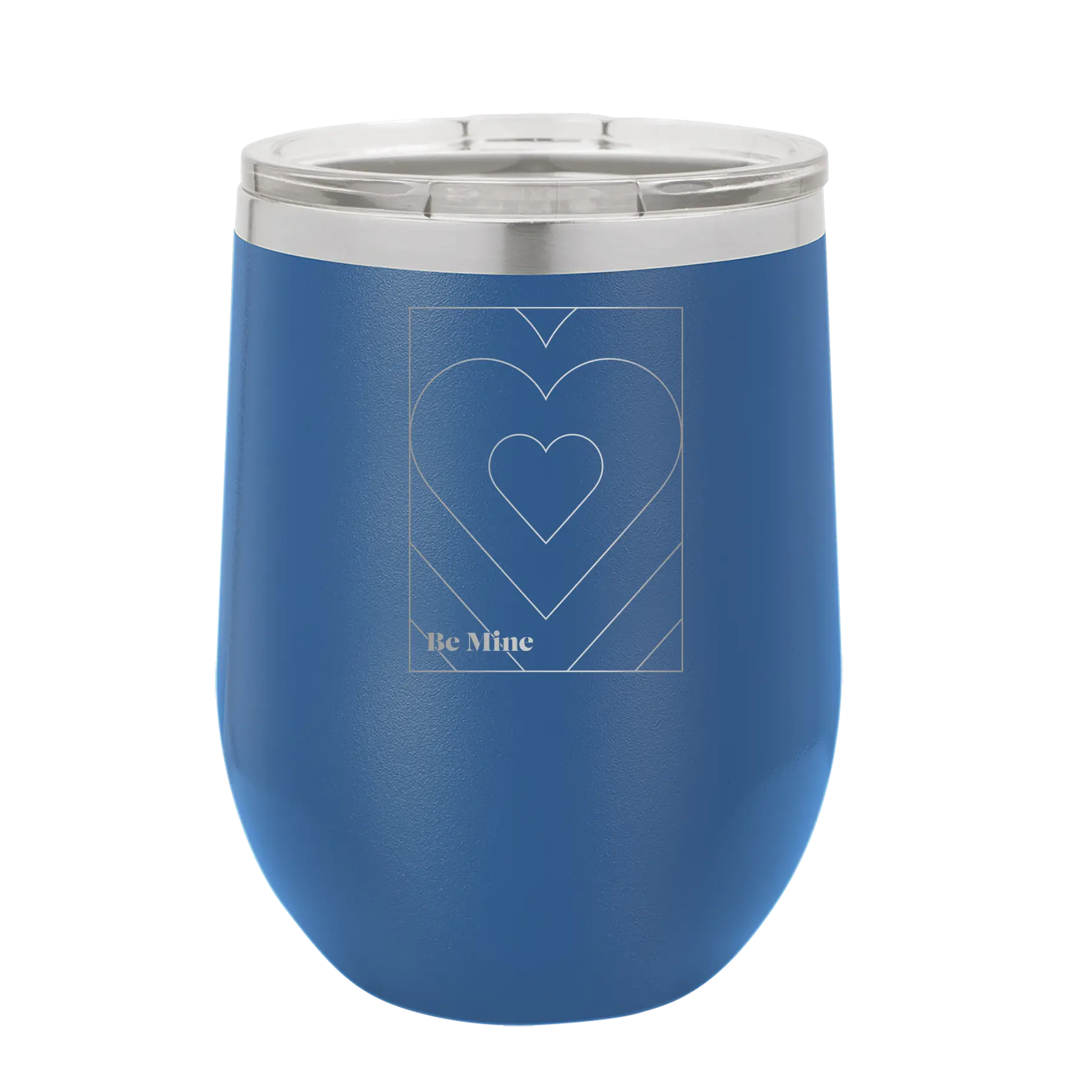 Laser etched royal blue 12 oz vacuum insulated wine cup with 'Be Mine Card' design