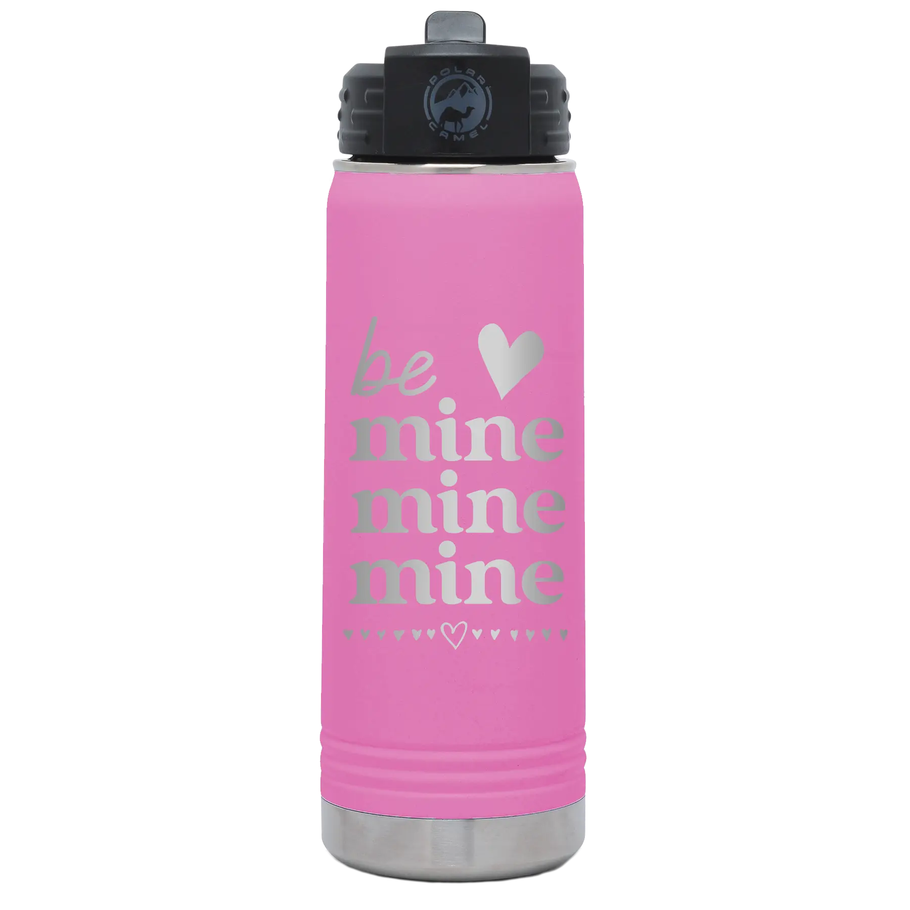 Laser etched light purple 20 oz vacuum insulated water bottle with 'Be Mine Mine Mine' design